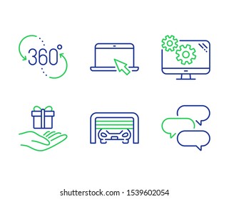 Settings, 360 degree and Loyalty program line icons set. Parking garage, Portable computer and Talk bubble signs. Cogwheel tool, Virtual reality, Gift. Automatic door. Business set. Vector