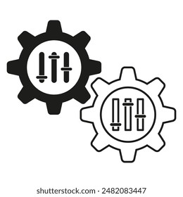 Settings adjustment icon. Gears in sync. Vector mechanical parts. Black outline style.