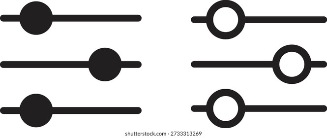 Settings and Adjustment Sliders Icon Set, Black and White Minimalist Toggle Bar Symbols for User Interface Design and Audio Level Equalizer Control