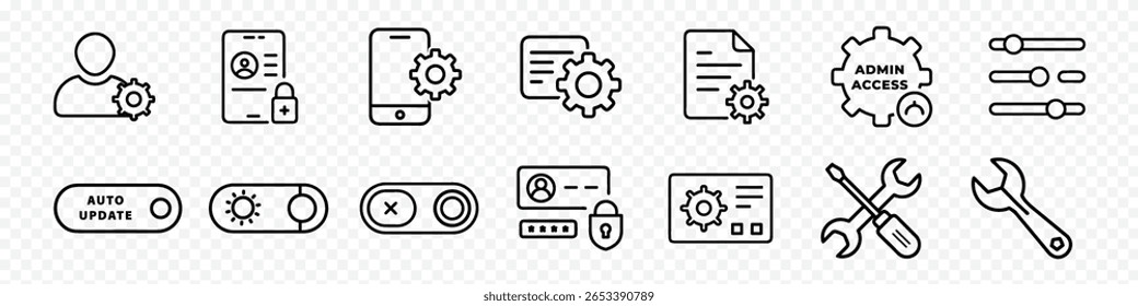 Configurações e Ferramentas Administrativas Conjunto de Ícones, conjunto de ícones de configurações e ferramentas do sistema incluindo acesso administrativo, equipamento do usuário, configurações de documentos, opções de alternância, configuração de conta, ferramentas de reparo, personalização