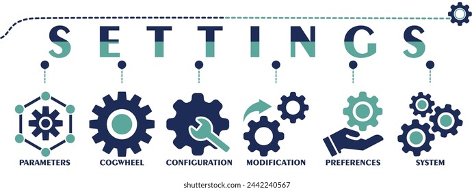 Settings banner web solid icons. Vector illustration concept including icon as parameters, cogwheel, configuration, modification, preferences and system