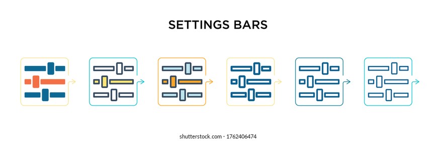 Settings bars vector icon in 6 different modern styles. Black, two colored settings bars icons designed in filled, outline, line and stroke style. Vector illustration can be used for web, mobile, ui