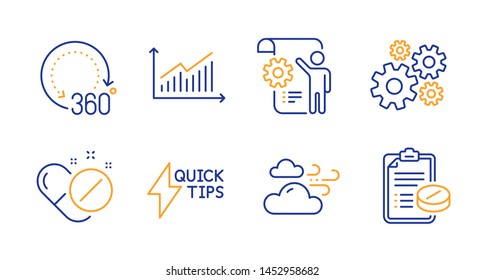 Settings blueprint, 360 degrees and Cogwheel line icons set. Graph, Windy weather and Quickstart guide signs. Medical pills, Medical prescription symbols. Line settings blueprint icon. Vector