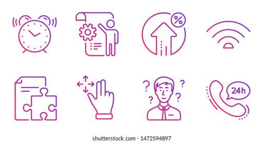 Settings blueprint, Alarm clock and Move gesture line icons set. Strategy, Support consultant and Wifi signs. Loan percent, 24h service symbols. Engineering cogwheel, Time. Technology set. Vector