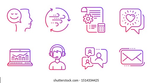 Settings blueprint, Consultant and Web analytics line icons set. Wind energy, Good mood and Friends chat signs. Support chat, Messenger mail symbols. Report document, Call center. Vector