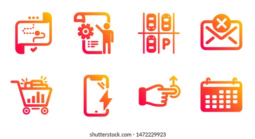 Settings blueprint, Drag drop and Seo shopping line icons set. Parking place, Reject mail and Smartphone charging signs. Target path, Calendar symbols. Engineering cogwheel, Move. Vector