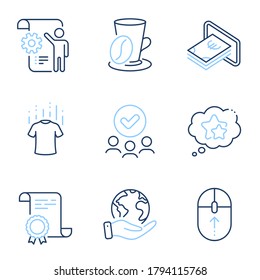 Settings blueprint, Dry t-shirt and Ranking stars line icons set. Diploma certificate, save planet, group of people. Swipe up, Cash and Coffee cup signs. Vector
