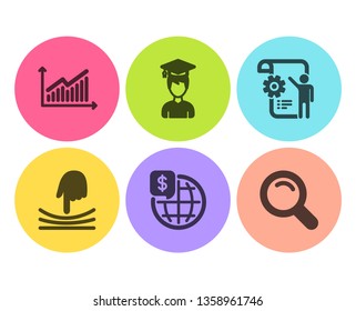 Settings blueprint, Graph and Elastic icons simple set. World money, Student and Search signs. Engineering cogwheel, Presentation diagram. Science set. Flat settings blueprint icon. Circle button