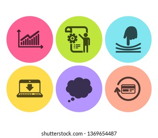 Settings blueprint, Graph and Internet downloading icons simple set. Elastic, Comic message and Refund commission signs. Engineering cogwheel, Presentation diagram. Technology set. Vector