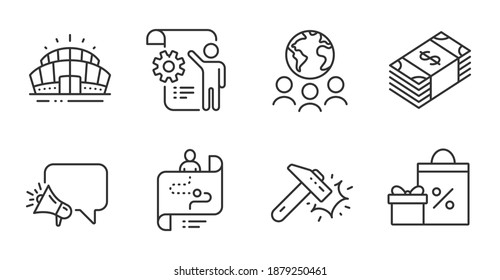 Settings blueprint, Journey path and Megaphone line icons set. Usd currency, Hammer blow and Arena stadium signs. Shopping, Global business symbols. Quality line icons. Vector