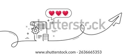 Settings blueprint line icon. Continuous line with share plane. Engineering cogwheel tool sign. Cog gear symbol. Hearts rate review in speech bubble. Settings blueprint single line ribbon. Vector