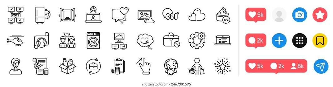 Settings blueprint, Refrigerator timer and Global business line icons pack. Social media icons. Touchscreen gesture, Uv protection, Helicopter web icon. Vector