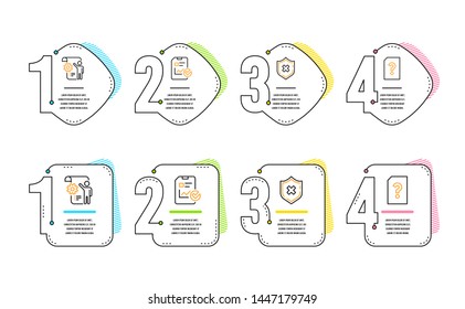 Settings blueprint, Report checklist and Reject protection icons simple set. Unknown file sign. Engineering cogwheel, Sales growth file, No security. Doc with question mark. Technology set. Vector