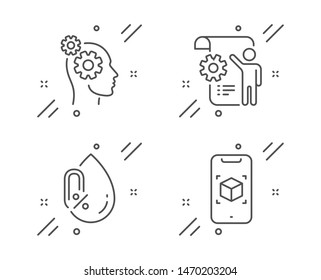 Settings blueprint, Thoughts and No alcohol line icons set. Augmented reality sign. Engineering cogwheel, Business work, Mineral oil. Phone simulation. Science set. Vector