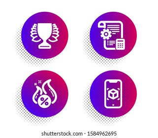 Settings blueprint, Winner and Hot loan icons simple set. Halftone dots button. Augmented reality sign. Report document, Sports achievement, Discount offer. Phone simulation. Business set. Vector