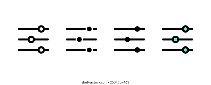 Settings button icon. Volume level slider symbol. Adjustment button for web and app media interface vector illustration. Control panel sign. Equalizer pictogram. Settings controller concept isolated.