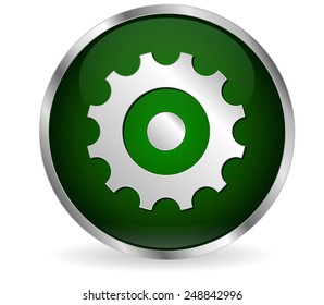 Settings button, round green web icon with metallic frame