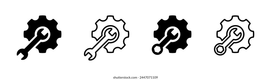 Settings button vector icon. Repair, fix or maintenance service logo. Mechanic tools: gear, cog, cogwheel, wrench, spanner. Hardware technology sign. Support symbol. Workshop illustration isolated.