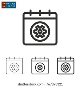 Settings calendar vector icon. Black illustration isolated on white background. Thin line symbol. Editable stroke.