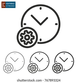 Settings calendar vector icon. Black illustration isolated on white background. Thin line symbol. Editable stroke.