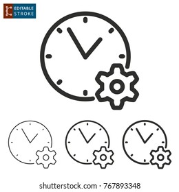 Settings calendar vector icon. Black illustration isolated on white background. Thin line symbol. Editable stroke.