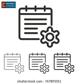 Settings calendar vector icon. Black illustration isolated on white background. Thin line symbol. Editable stroke.