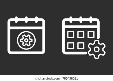Settings calendar vector icon. White illustration isolated on black background for graphic and web design.