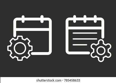 Settings calendar vector icon. White illustration isolated on black background for graphic and web design.