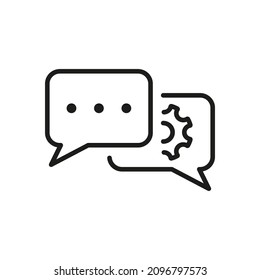 Preferencias Icono de línea de conversación. Burbuja de voz con el concepto de configuración de engranajes Pictograma lineal. Icono de contorno del servicio de charla de globo y rueda de cocina. Stroke editable. Ilustración de vectores aislados.
