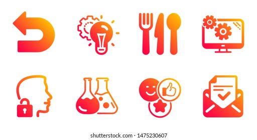 Settings, Chemistry lab and Like line icons set. Idea gear, Food and Unlock system signs. Undo, Approved mail symbols. Cogwheel tool, Laboratory. Business set. Gradient settings icons set. Vector