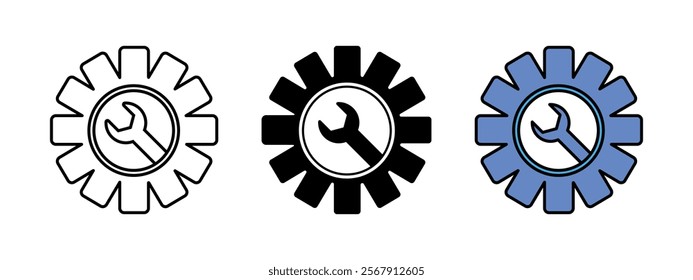 Settings cog vector illustration. Gear with wrench icon. Repair tool mechanic symbol. Cogwheel with spanner industrial factory sign. Hardware development pictogram. Engineering workshop concept.