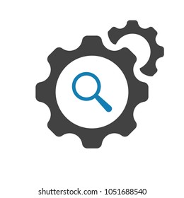 Settings, cogs icon with research sign. Settings icon and explore, find, inspect symbol. Vector icon