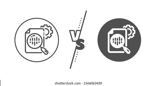 Settings cogwheel sign. Versus concept. Seo stats line icon. Traffic management symbol. Line vs classic seo stats icon. Vector