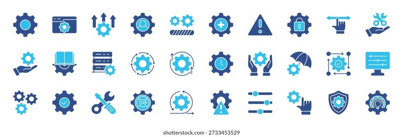 Settings color style icon set collection. Containing options, configuration, preferences, adjustments, gear, control panel, equalizer, management, optimization and more icons. Vector illustration. editable stroke eps 10