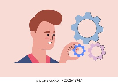 Settings concept. Character with gears. Vector illustration in a flat style
