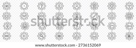 Settings and configuration gear icon set – editable outline symbols of cog, control, upload, download, cloud, lock, control, security, device management and system