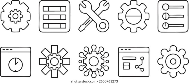 settings and configuration icons, 30 editable black outline UI tools, minimal line grid for app preferences and interface setup