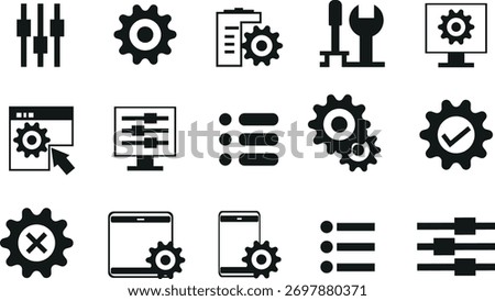 Settings and Configuration Icons Set. Gear, Controls, Adjustments, and Options Pop Up Vector.