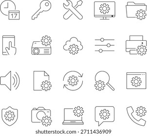 Settings and Configuration Line Icons Set — Technology, Tools, Cloud, Security, Device Management, Minimal Outline Vector