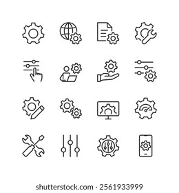 Settings and Configuration, linear style icon set. Tools for adjusting, personalizing, and optimizing systems. Gear, slider, and control panel for user interface and system settings. Editable stroke