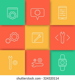 settings, configuration, preferences line icons on squares, vector illustration