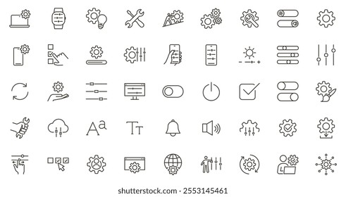 Settings, customization and setup thin line Icon Set. System and Device Adjustment graphic elements vector symbols. Options, configuration, gear illustrations