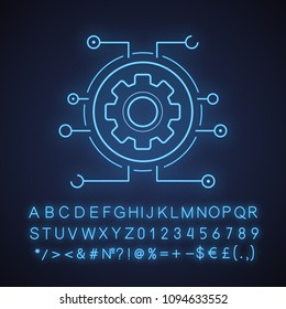 Settings digital neon light icon. Gear. Glowing sign with alphabet, numbers and symbols. Cogwheel in microchip pathways. Cyber technology. Vector isolated illustration