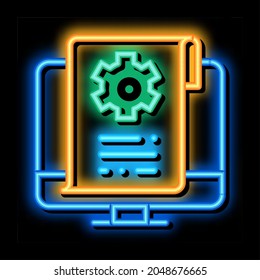 settings documents in computer neon light sign vector. Glowing bright icon settings documents in computer sign. transparent symbol illustration
