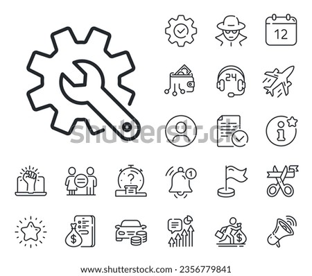 Settings or editing sign. Salaryman, gender equality and alert bell outline icons. Customisation line icon. Repair symbol. Customisation line sign. Spy or profile placeholder icon. Vector Foto d'archivio © 