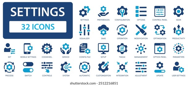 Configurações ícones simples definidos. Engrenagem, ajustes, configuração, preferências, contendo opções, controles, serviço, operação.