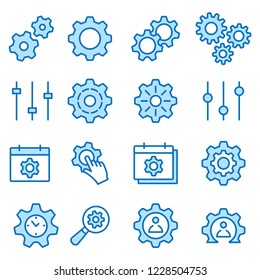 Settings flat line icons. Set of cog, gear, cogwheel, development and more. Editable Stroke. Change to any size and any colour.