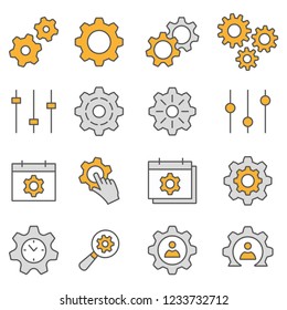 Settings flat line icons. Set of cog, gear, cogwheel, development and more. Editable Stroke. Change to any size and any colour.