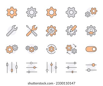 Settings flat line icons set. Cogwheell, mechanical wrench, spanner, professional, maintenance, configuration, vector illustrations. Outline signs technical industry. Orange Color Editable Stroke