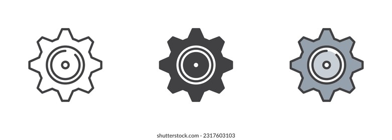 Settings gear different style icon set. Line, glyph and filled outline colorful version, outline and filled vector sign. Symbol, logo illustration. Vector graphics